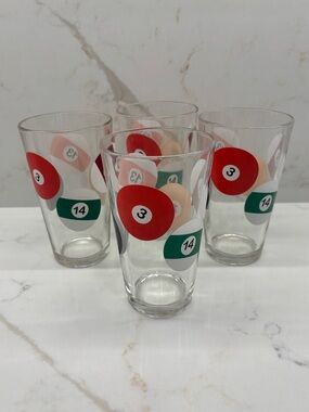 Set of 4 Vintage Luminarc Pool Parlour Billiard Ball Print Pint Beer Glasses Pub